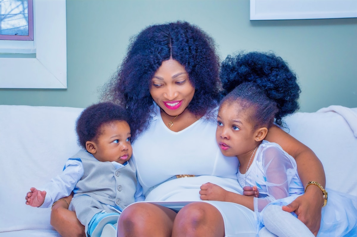 A mother spending time with her children at home